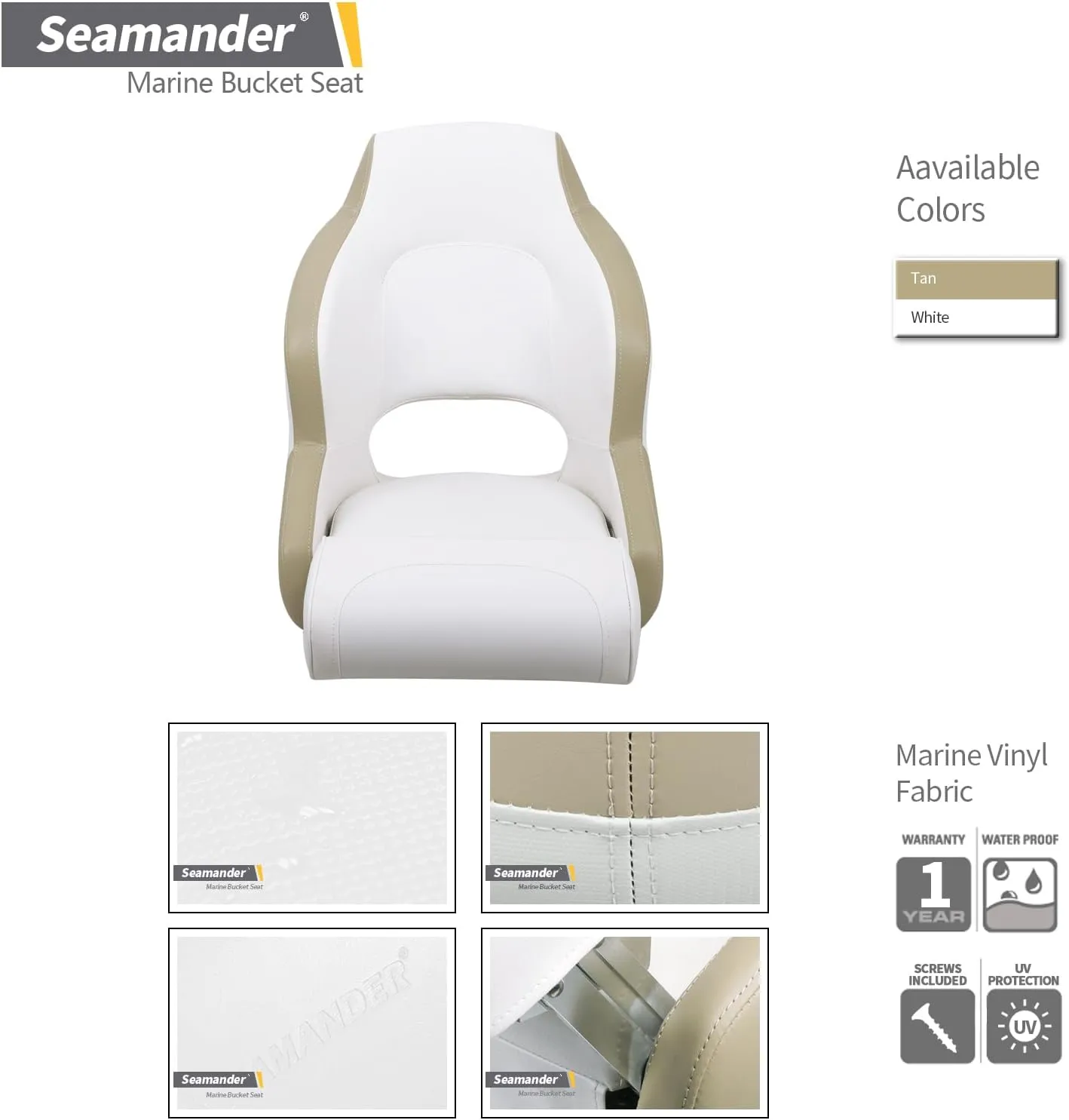 Seamander Captain Bucket Seat Boat Seat,Filp Up Boat Seat (A-Tan/White)
