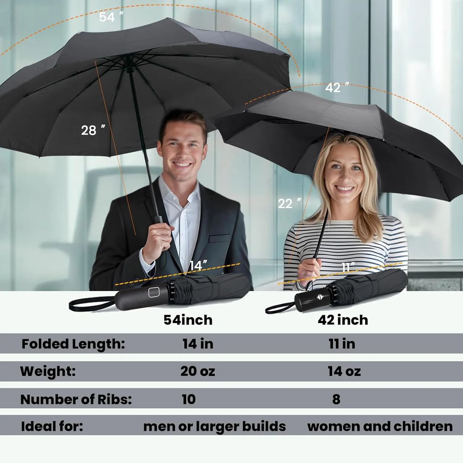 SIEPASA Compact Travel Umbrella - Windproof Auto Open/Close, Small Folding Umbrella for Rain - Lightweight & Durable with Fiberglass Frame, Waterproof Canopy - Fits Backpack, Purse, Suitcase. (Black)