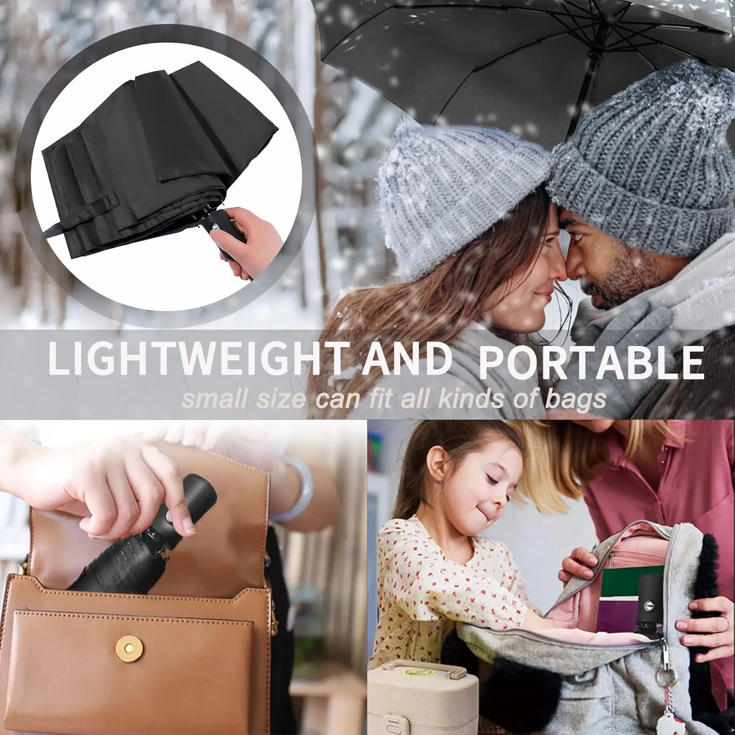 SIEPASA Compact Travel Umbrella - Windproof Auto Open/Close, Small Folding Umbrella for Rain - Lightweight & Durable with Fiberglass Frame, Waterproof Canopy - Fits Backpack, Purse, Suitcase. (Black)