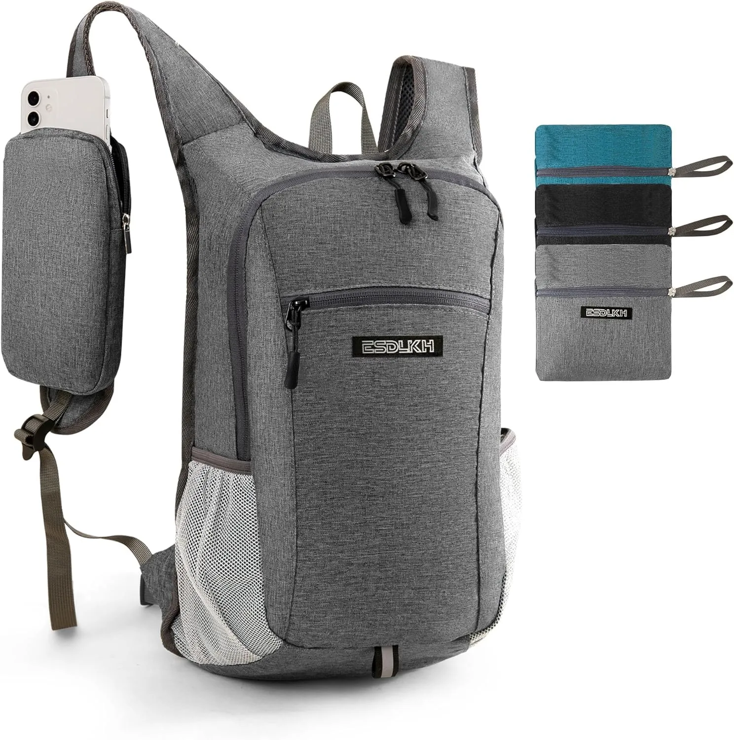 Small Hiking Backpack with Detachable Front Phone Holder, Foldable Packable Back pack with Chest and Waist Strap, Lightweight Daypack for Women Men (Gray, 15L)