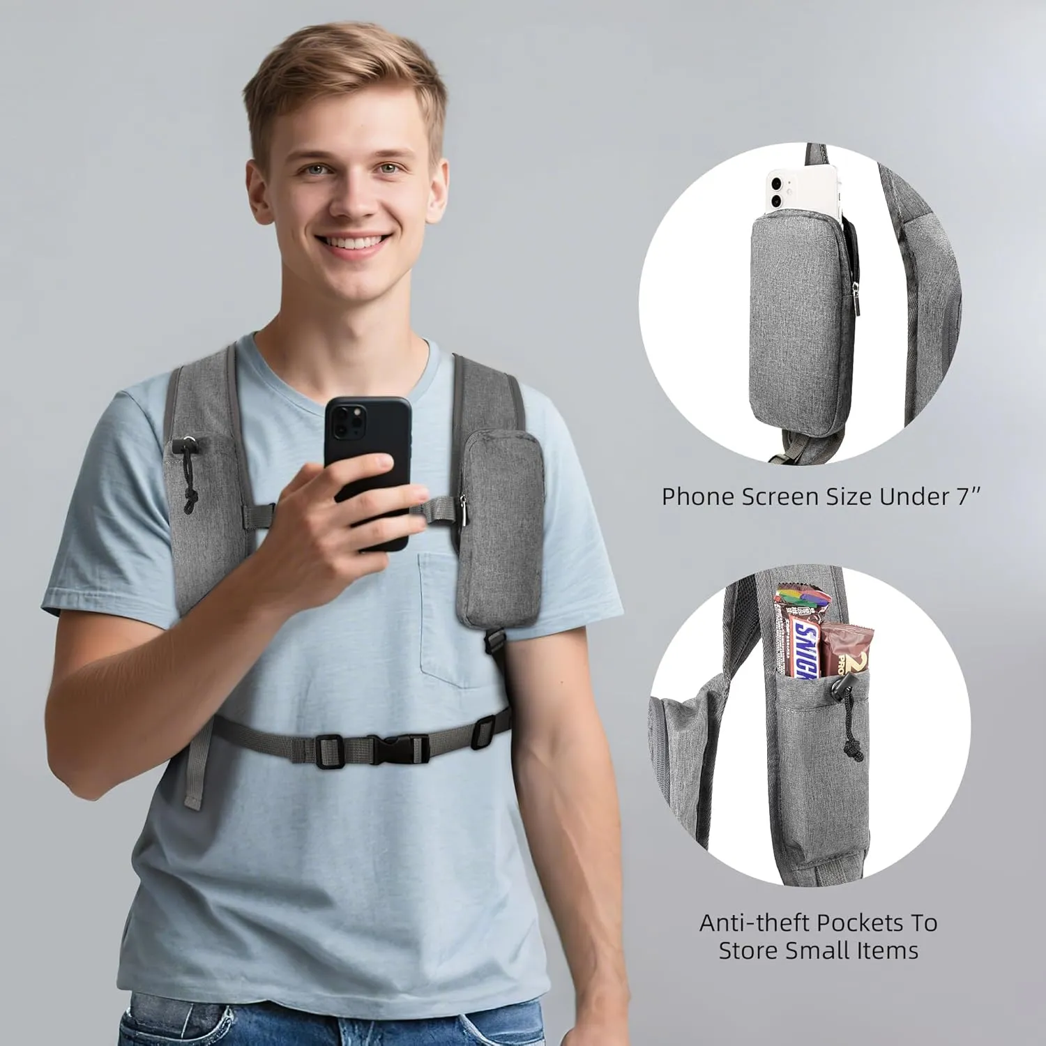 Small Hiking Backpack with Detachable Front Phone Holder, Foldable Packable Back pack with Chest and Waist Strap, Lightweight Daypack for Women Men (Gray, 15L)