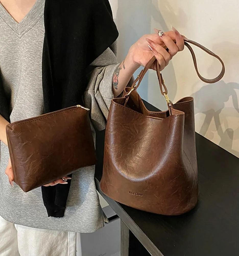 Soft Leather Bucket Bag for Women Vintage Shoulder Bag Underarm Purse Work Tote Handbag with Wallet Daily Handbag