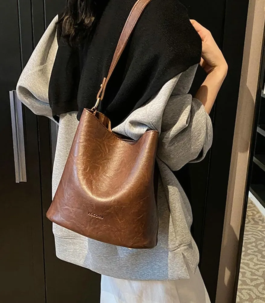 Soft Leather Bucket Bag for Women Vintage Shoulder Bag Underarm Purse Work Tote Handbag with Wallet Daily Handbag