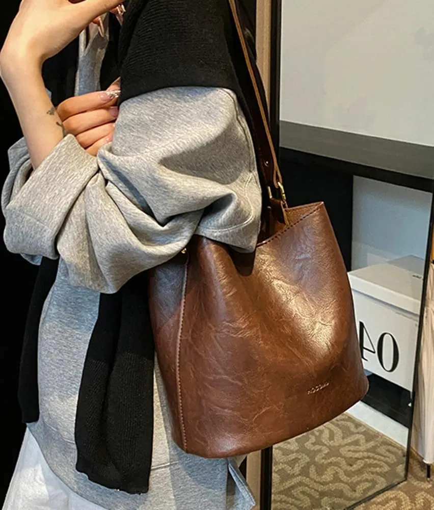 Soft Leather Bucket Bag for Women Vintage Shoulder Bag Underarm Purse Work Tote Handbag with Wallet Daily Handbag