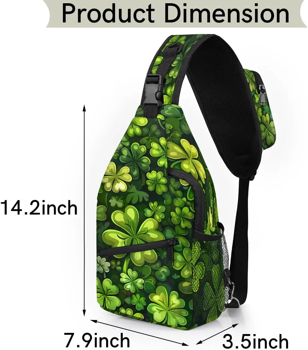 St. Patrick's Day Clover Sling Bag for Women Men Fanny Pack Small Sling Backpack Green Clover Crossbody Bag Chest Bag Casual Daypack for Work Travel Hiking