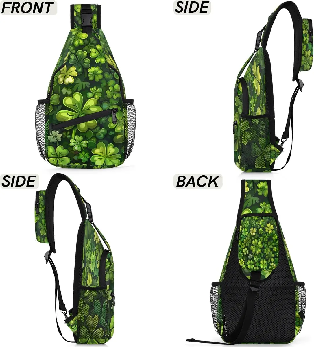St. Patrick's Day Clover Sling Bag for Women Men Fanny Pack Small Sling Backpack Green Clover Crossbody Bag Chest Bag Casual Daypack for Work Travel Hiking