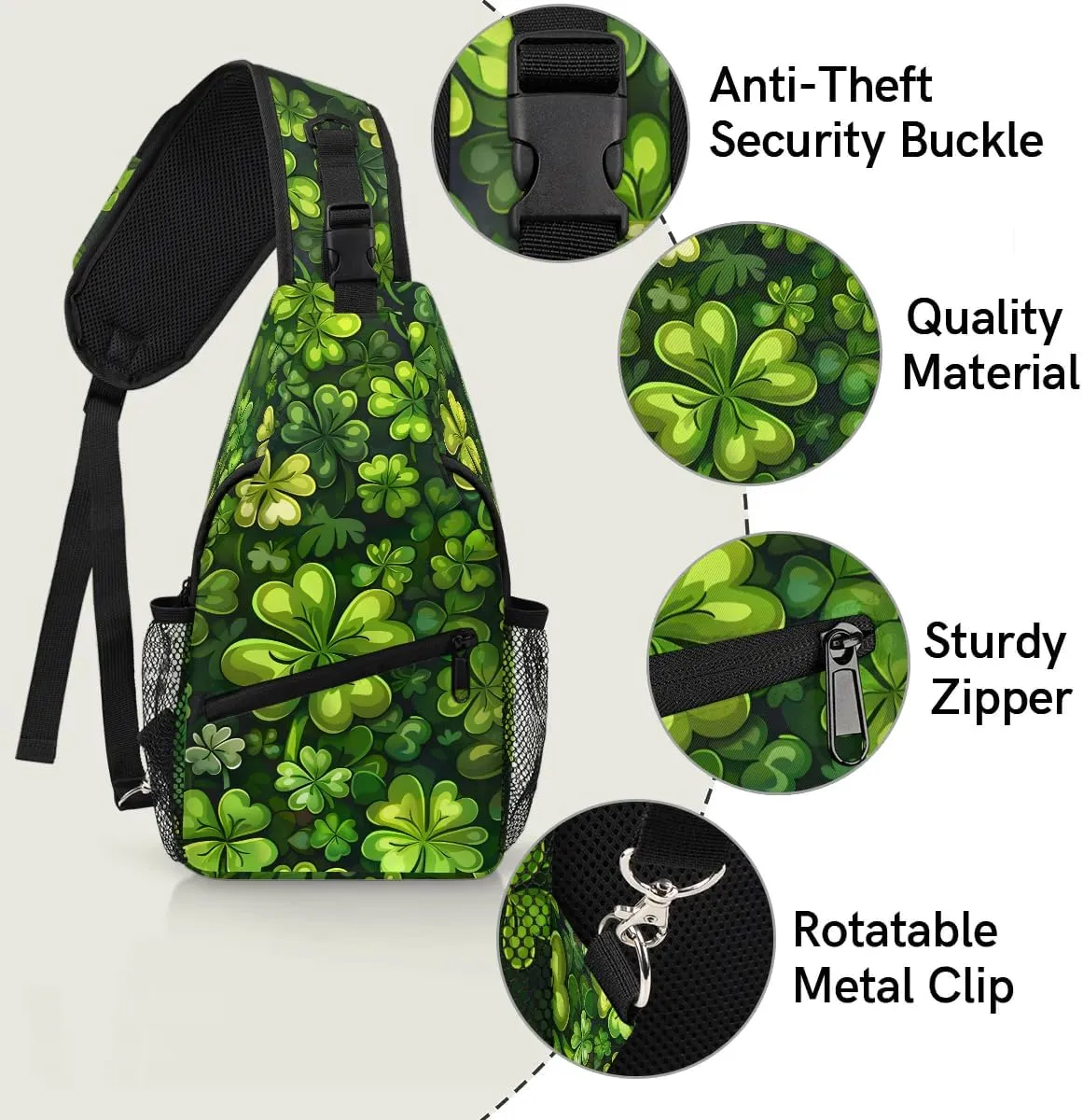 St. Patrick's Day Clover Sling Bag for Women Men Fanny Pack Small Sling Backpack Green Clover Crossbody Bag Chest Bag Casual Daypack for Work Travel Hiking