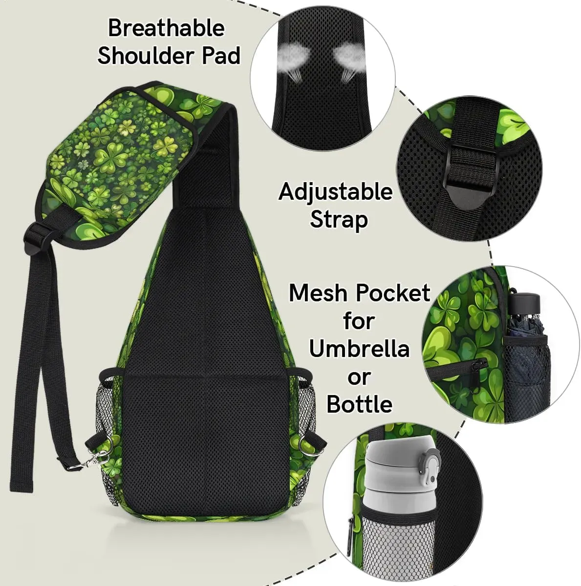 St. Patrick's Day Clover Sling Bag for Women Men Fanny Pack Small Sling Backpack Green Clover Crossbody Bag Chest Bag Casual Daypack for Work Travel Hiking
