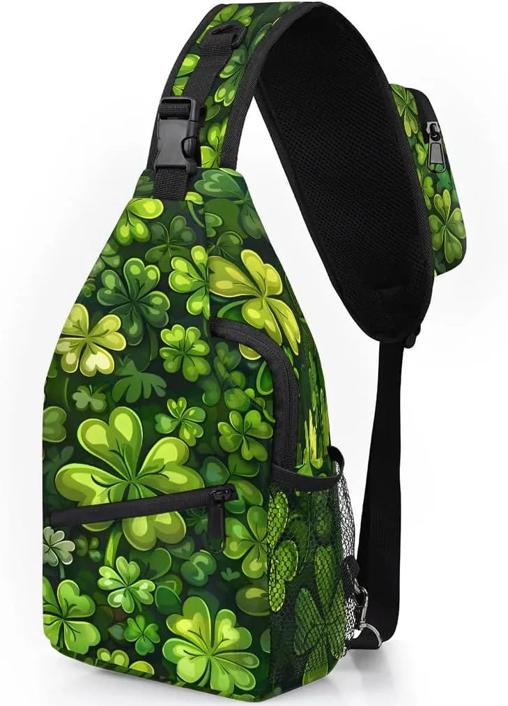 St. Patrick's Day Clover Sling Bag for Women Men Fanny Pack Small Sling Backpack Green Clover Crossbody Bag Chest Bag Casual Daypack for Work Travel Hiking