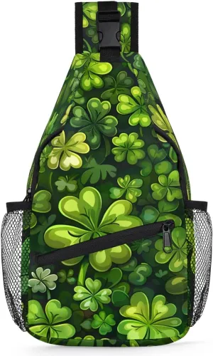 St. Patrick's Day Clover Sling Bag for Women Men Fanny Pack Small Sling Backpack Green Clover Crossbody Bag Chest Bag Casual Daypack for Work Travel Hiking