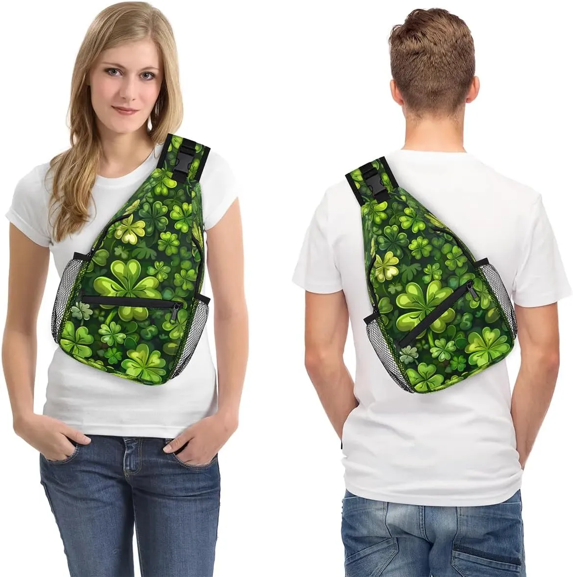St. Patrick's Day Clover Sling Bag for Women Men Fanny Pack Small Sling Backpack Green Clover Crossbody Bag Chest Bag Casual Daypack for Work Travel Hiking