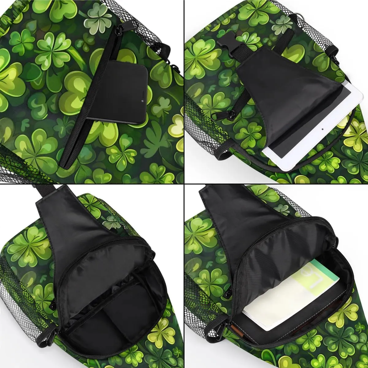 St. Patrick's Day Clover Sling Bag for Women Men Fanny Pack Small Sling Backpack Green Clover Crossbody Bag Chest Bag Casual Daypack for Work Travel Hiking