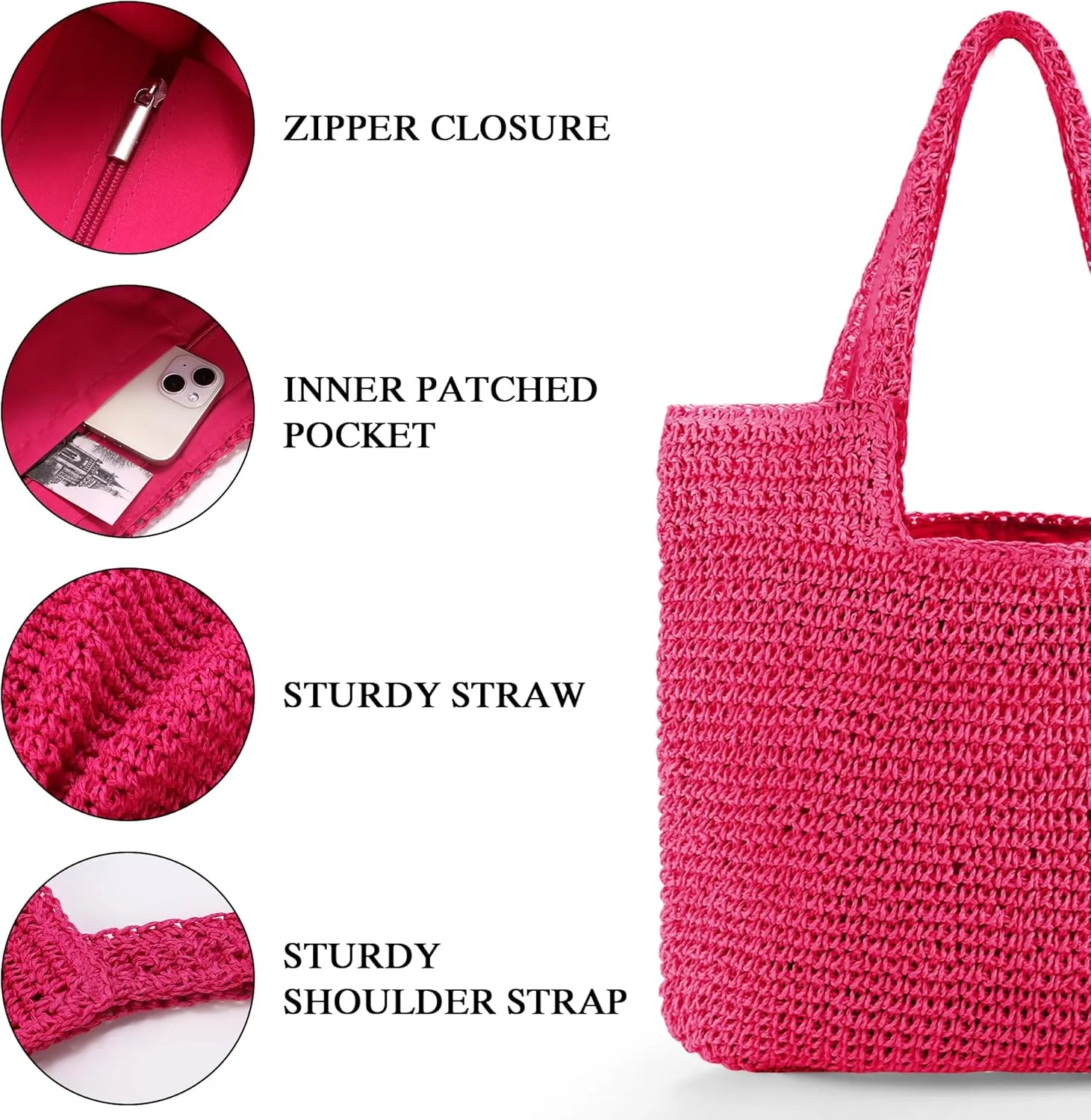 Straw Bag Beach Tote Handbag for Women Large Summer Woven Raffia Bag with Zipper