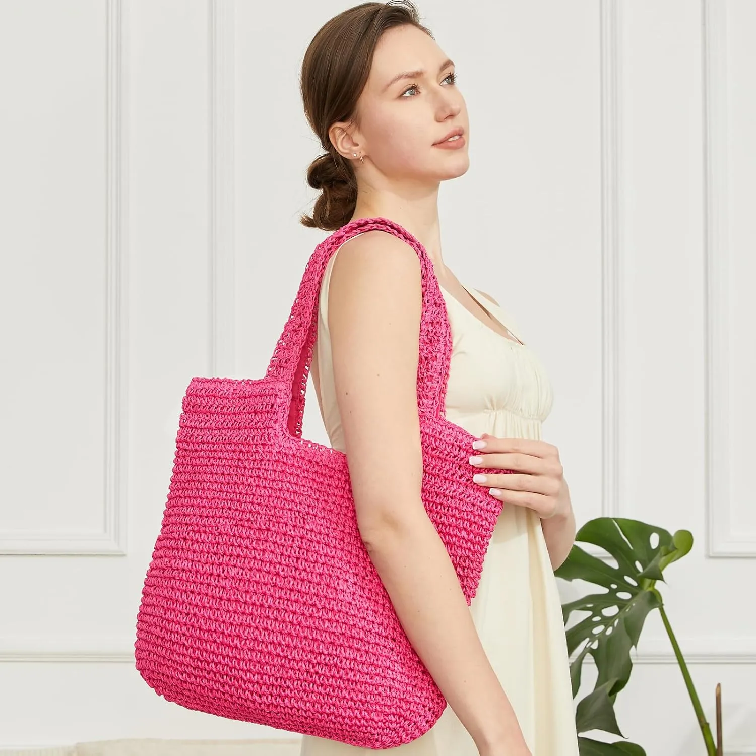 Straw Bag Beach Tote Handbag for Women Large Summer Woven Raffia Bag with Zipper