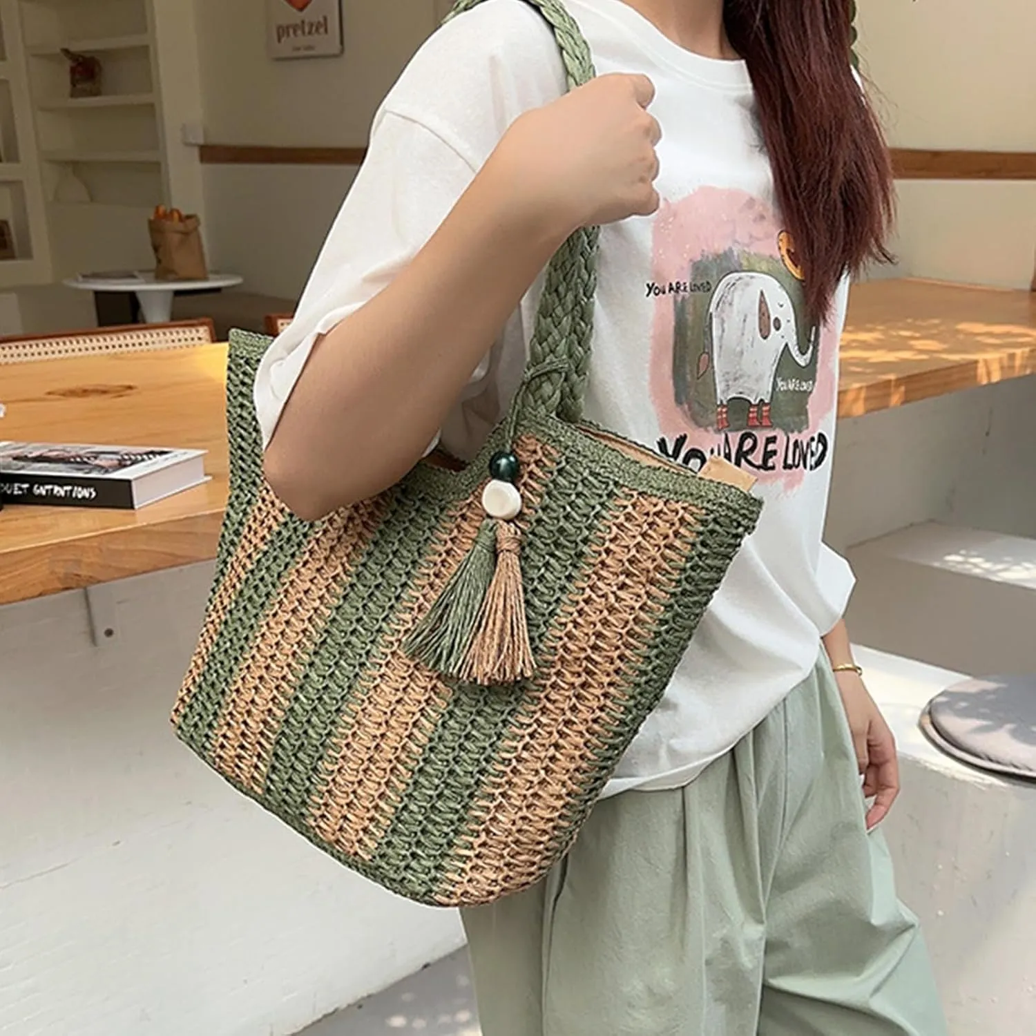 Straw Bag Beach Tote Handbag for Women Large Summer Woven Raffia Bag with Zipper