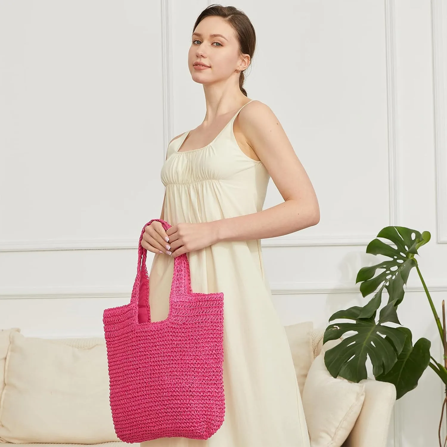 Straw Bag Beach Tote Handbag for Women Large Summer Woven Raffia Bag with Zipper