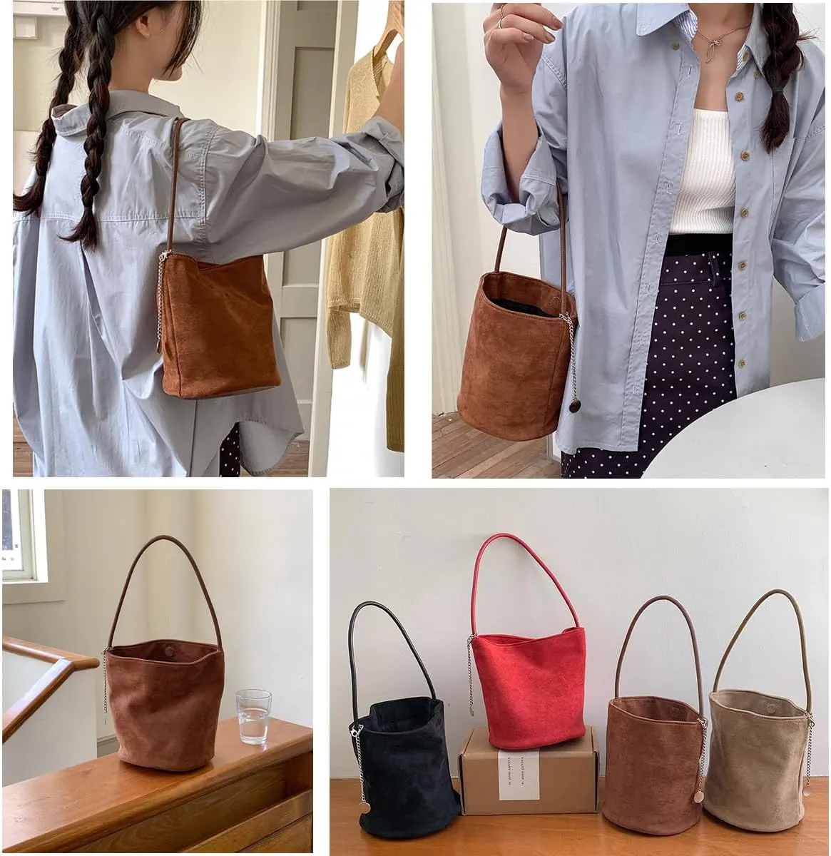 Suede Bucket Bag for Women Crossbody Handbags Tote Slouchy Purses Shoulder Handbag Mini Top-handle Tote Handbag