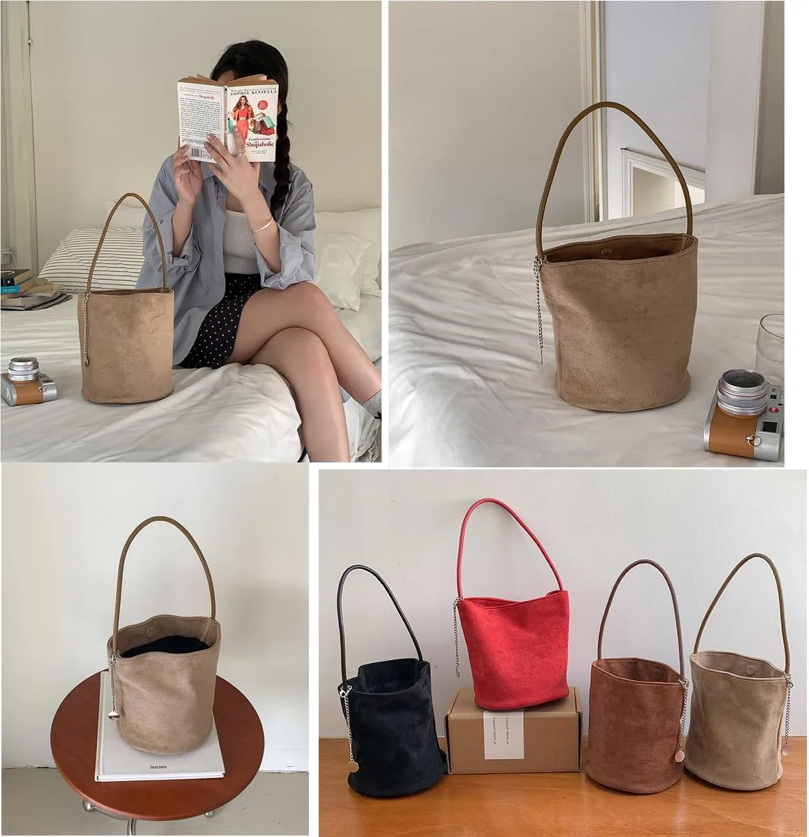 Suede Bucket Bag for Women Crossbody Handbags Tote Slouchy Purses Shoulder Handbag Mini Top-handle Tote Handbag