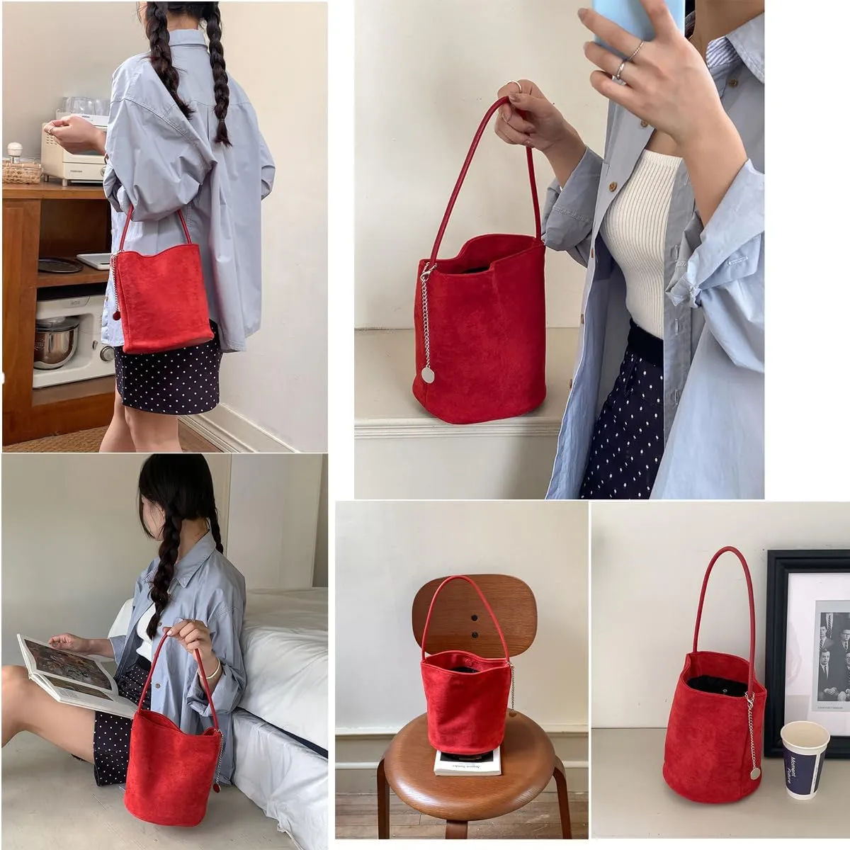 Suede Bucket Bag for Women Crossbody Handbags Tote Slouchy Purses Shoulder Handbag Mini Top-handle Tote Handbag