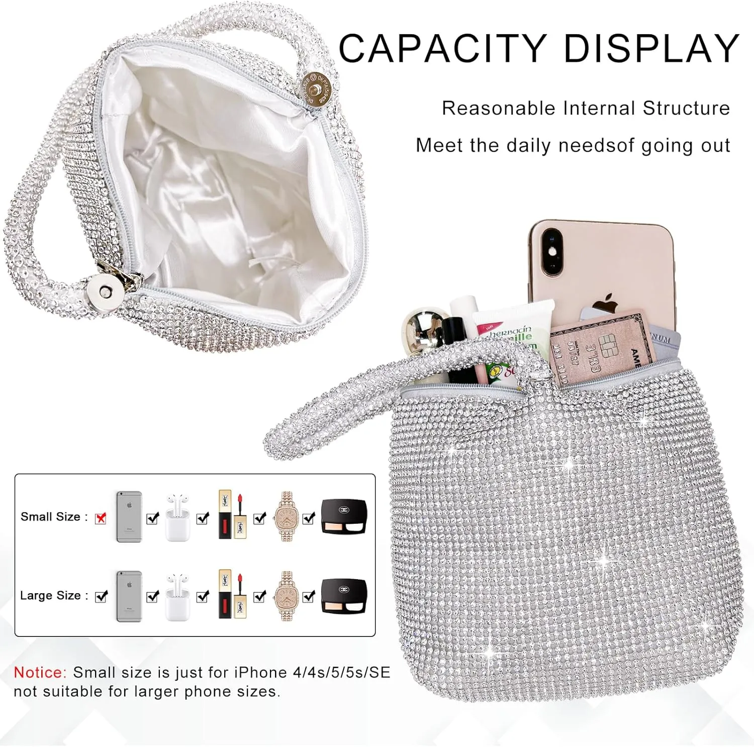TOPALL Rhinestone Purse Sparkly Bag Silver Diamond Purses for Women Upgrade Evening Prom Rhinestone Handbag Hobo Bag