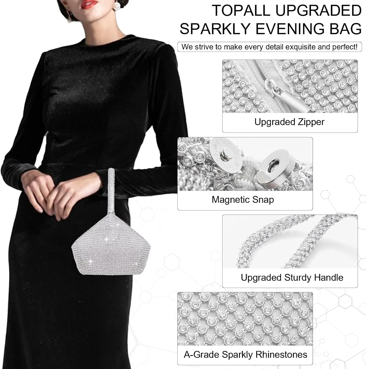 TOPALL Rhinestone Purse Sparkly Bag Silver Diamond Purses for Women Upgrade Evening Prom Rhinestone Handbag Hobo Bag