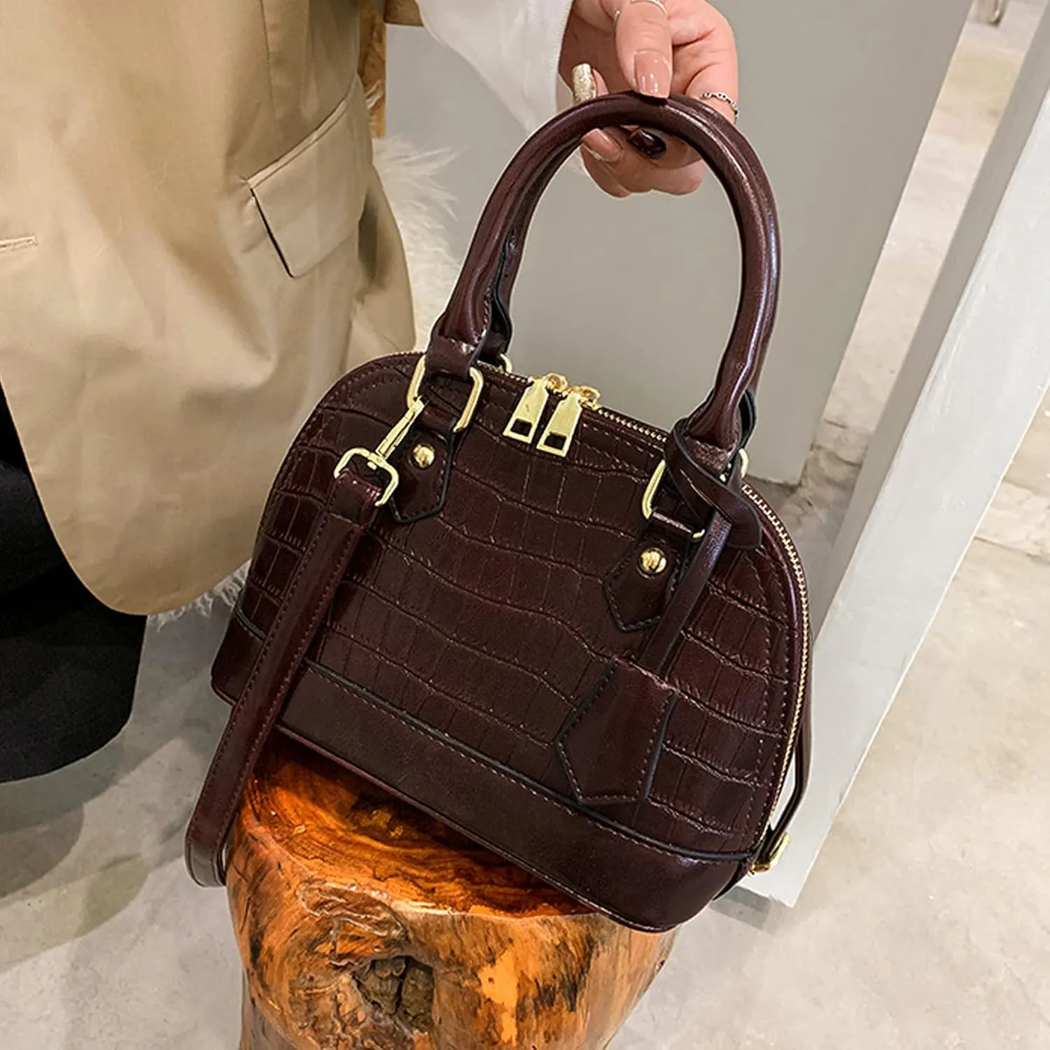 U Scinan Patent Leather Top Handle Tote Bag Mini Zip Around Dome Shoulder Bag Shell Shape Cross Body Handbag Purse Satchel