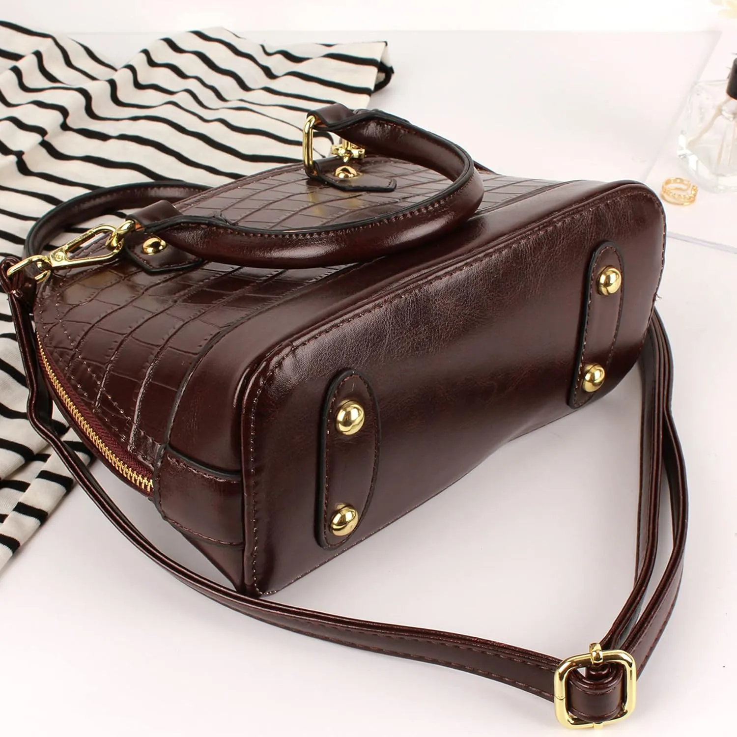 U Scinan Patent Leather Top Handle Tote Bag Mini Zip Around Dome Shoulder Bag Shell Shape Cross Body Handbag Purse Satchel