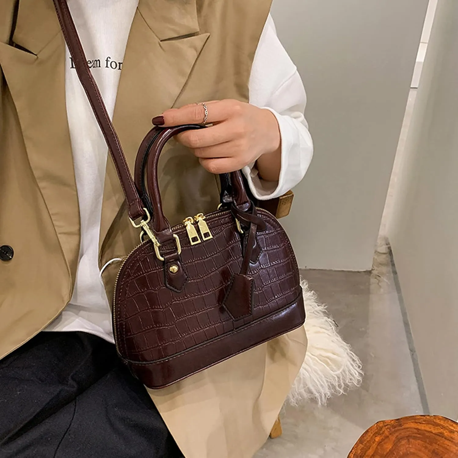 U Scinan Patent Leather Top Handle Tote Bag Mini Zip Around Dome Shoulder Bag Shell Shape Cross Body Handbag Purse Satchel