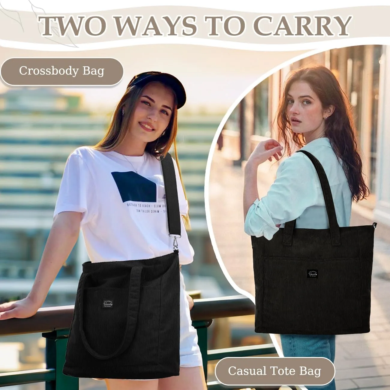 VASCHY Corduroy Tote Bag for Women,Casual Lightweight Large Work Tote with Zipper Hobo Shoulder Crossbody Bag Purse
