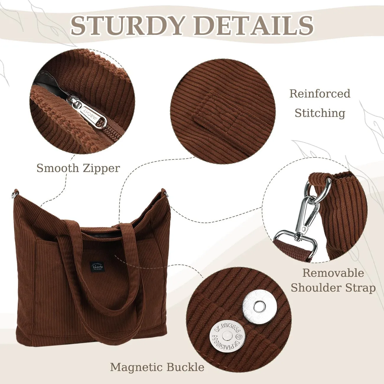 VASCHY Corduroy Tote Bag for Women,Casual Lightweight Large Work Tote with Zipper Hobo Shoulder Crossbody Bag Purse