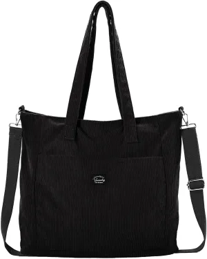 VASCHY Corduroy Tote Bag for Women,Casual Lightweight Large Work Tote with Zipper Hobo Shoulder Crossbody Bag Purse