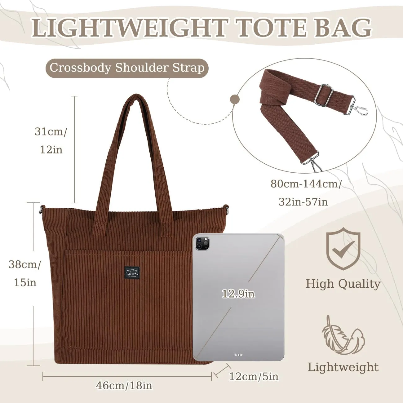 VASCHY Corduroy Tote Bag for Women,Casual Lightweight Large Work Tote with Zipper Hobo Shoulder Crossbody Bag Purse