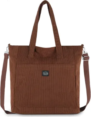 VASCHY Corduroy Tote Bag for Women,Casual Lightweight Large Work Tote with Zipper Hobo Shoulder Crossbody Bag Purse