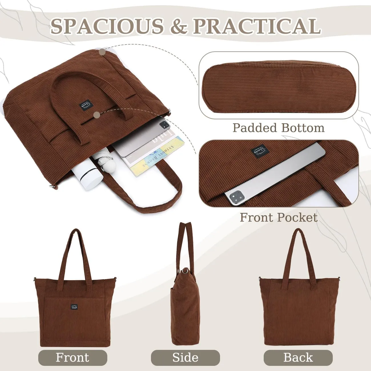 VASCHY Corduroy Tote Bag for Women,Casual Lightweight Large Work Tote with Zipper Hobo Shoulder Crossbody Bag Purse