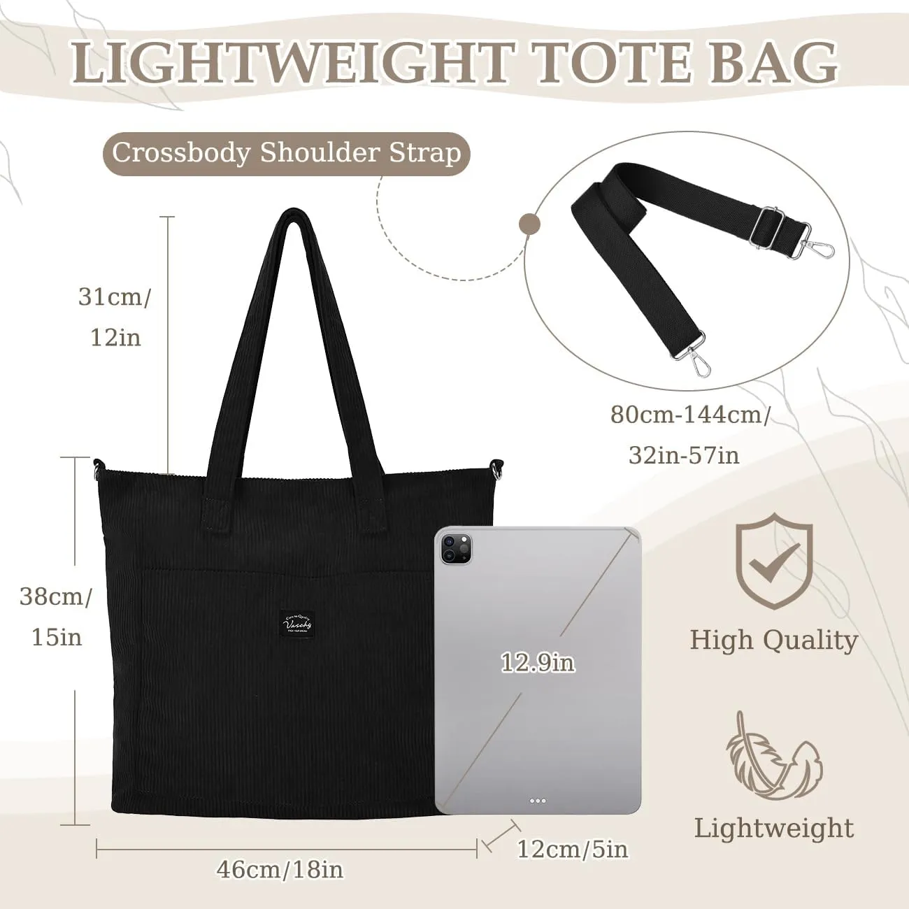VASCHY Corduroy Tote Bag for Women,Casual Lightweight Large Work Tote with Zipper Hobo Shoulder Crossbody Bag Purse