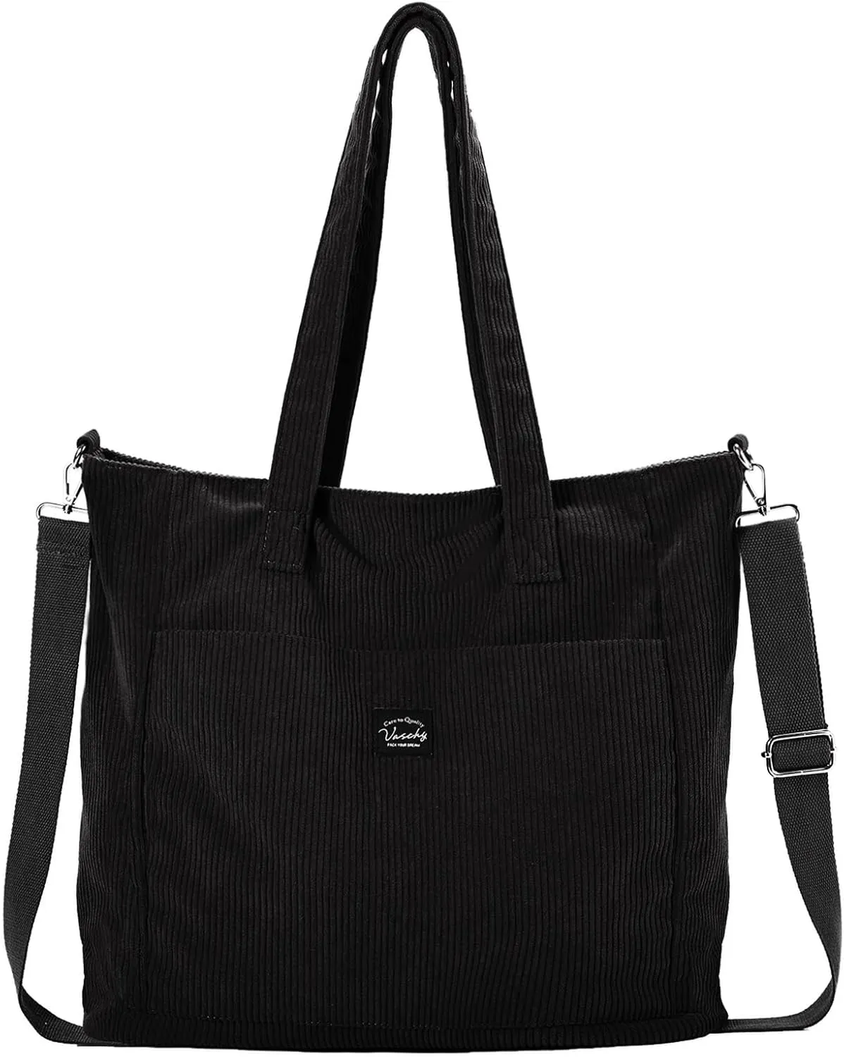 VASCHY Corduroy Tote Bag for Women,Casual Lightweight Large Work Tote with Zipper Hobo Shoulder Crossbody Bag Purse