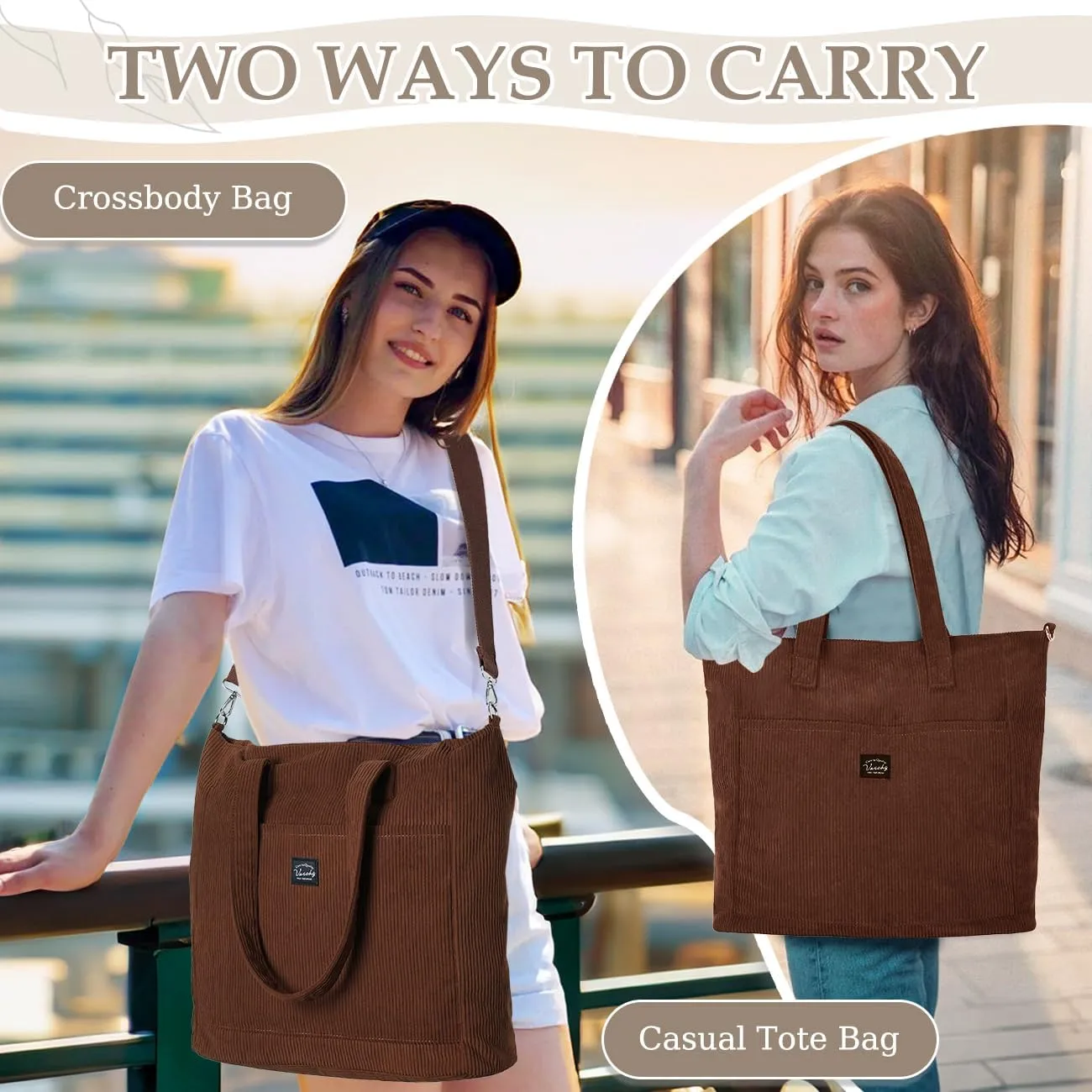 VASCHY Corduroy Tote Bag for Women,Casual Lightweight Large Work Tote with Zipper Hobo Shoulder Crossbody Bag Purse