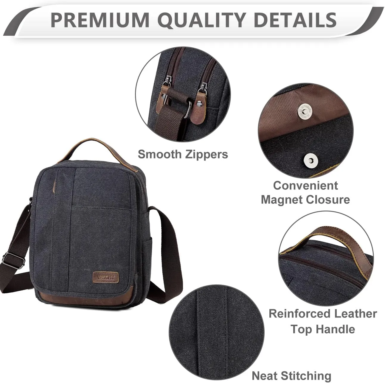 VASCHY Messenger Bag Small, Canvas Water Resistant Crossbody Shoulder Bag Purse for Men and Women
