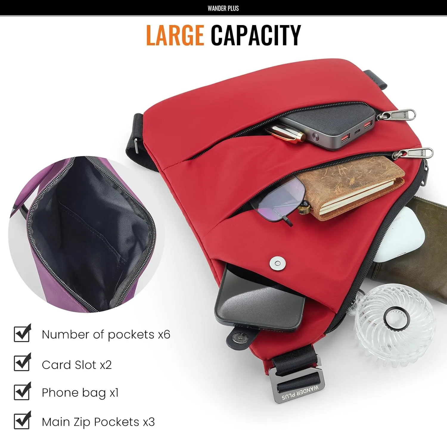 WANDER PLUS Anti Theft Crossbody Travel Bag for Women Men, Multi-Pocket Crossbody Bag, Slim Sling Bag with Adjustable Strap