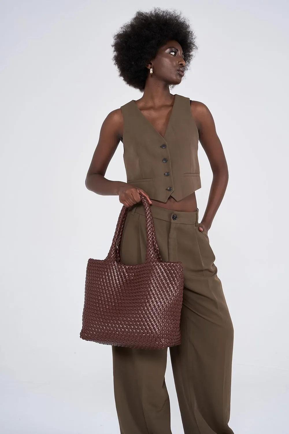 Woven Leather Handbag - Large Tote Bag for Women - Fashion Vegan Leather Tote