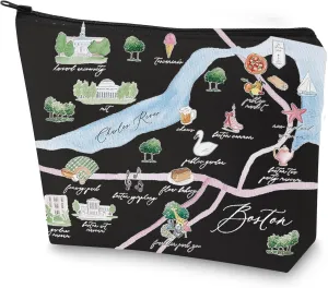 WZMPA Boston City Map Cosmetic Bag Travel Souvenir Gift Long Distance Relationship Makeup Zipper Pouch Bag Merchandise