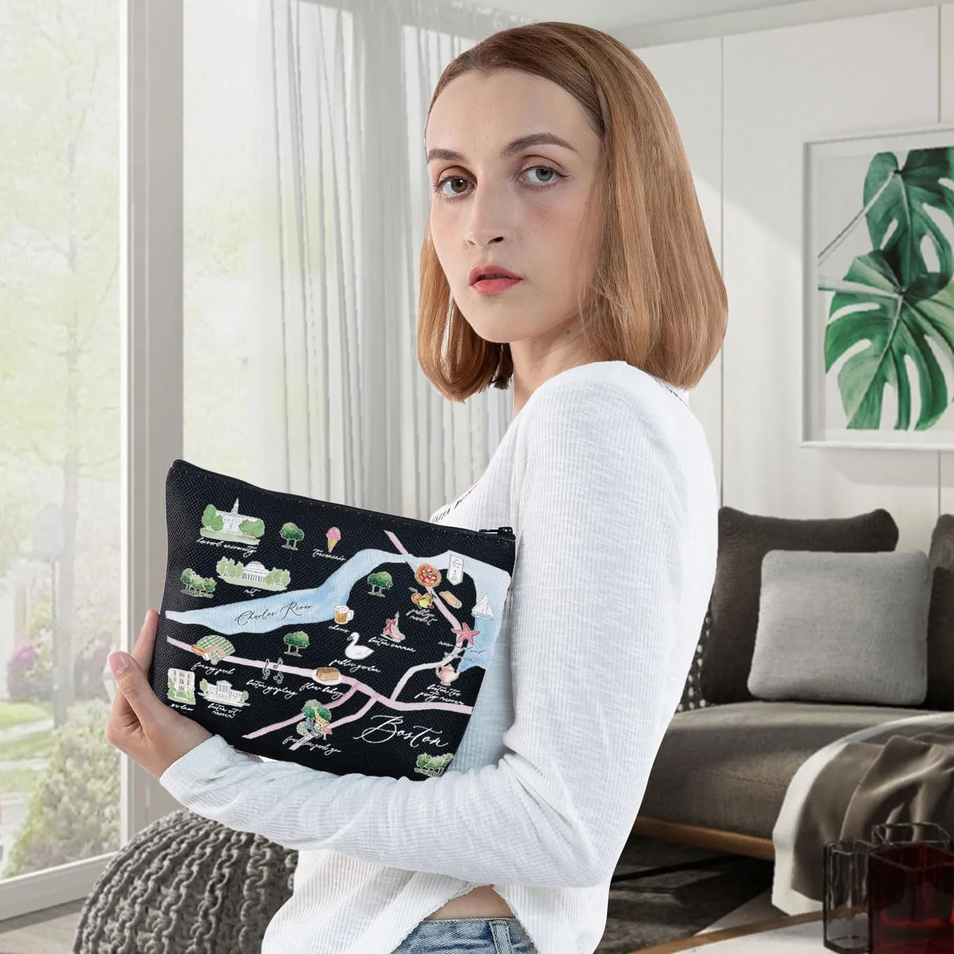 WZMPA Boston City Map Cosmetic Bag Travel Souvenir Gift Long Distance Relationship Makeup Zipper Pouch Bag Merchandise