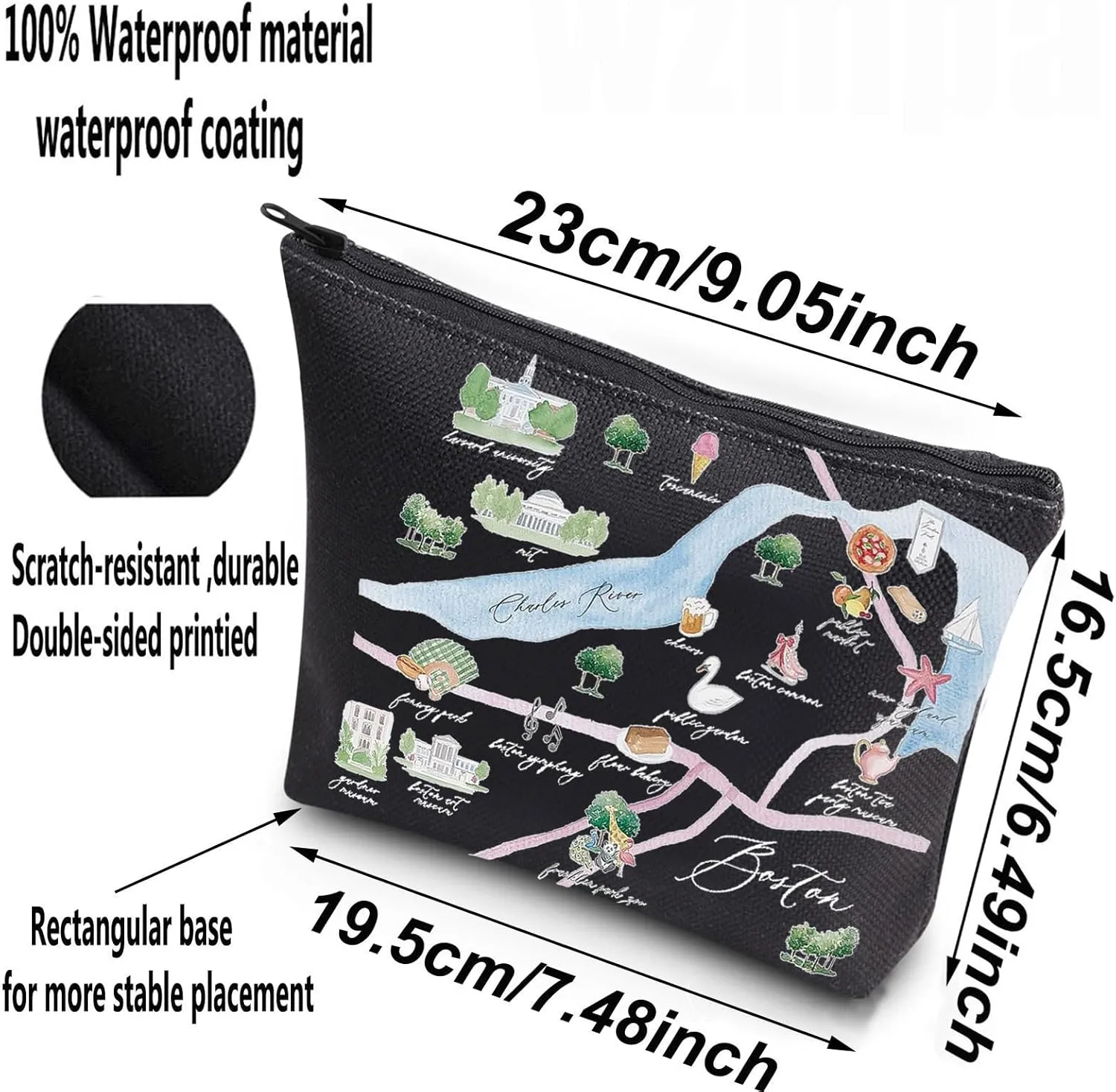 WZMPA Boston City Map Cosmetic Bag Travel Souvenir Gift Long Distance Relationship Makeup Zipper Pouch Bag Merchandise