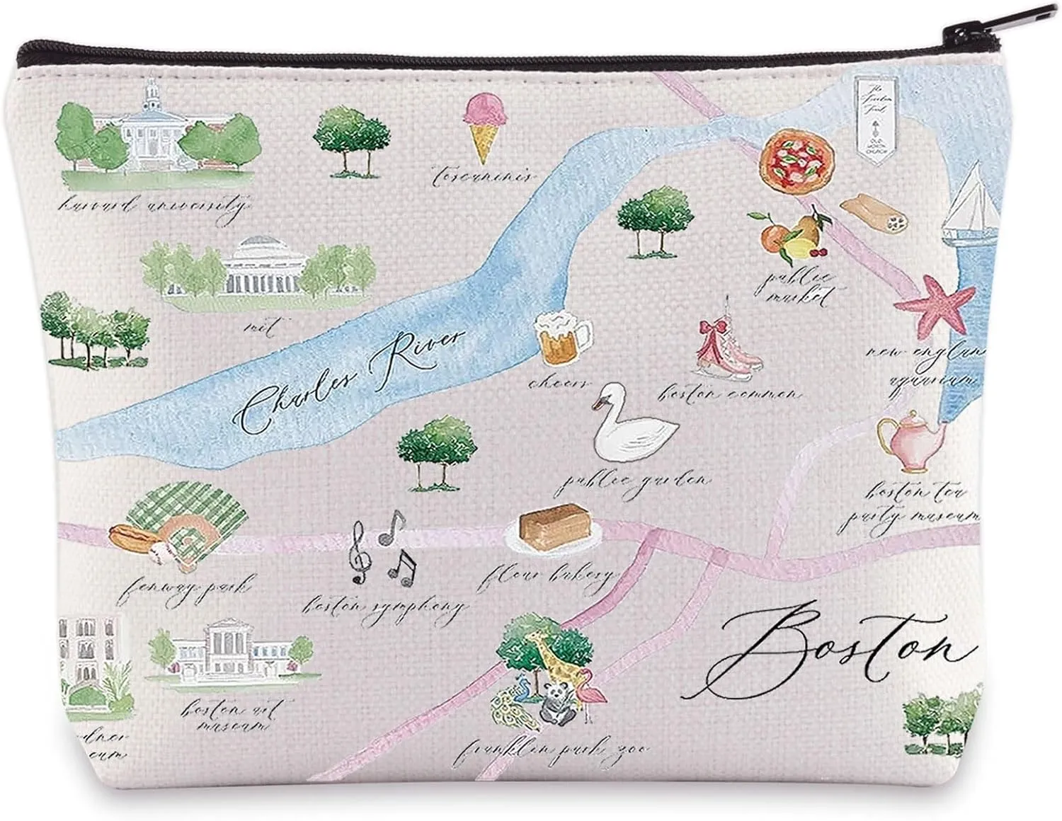 WZMPA Boston City Map Cosmetic Bag - Travel Souvenir Gift - Long Distance Relationship Makeup Zipper Pouch Bag