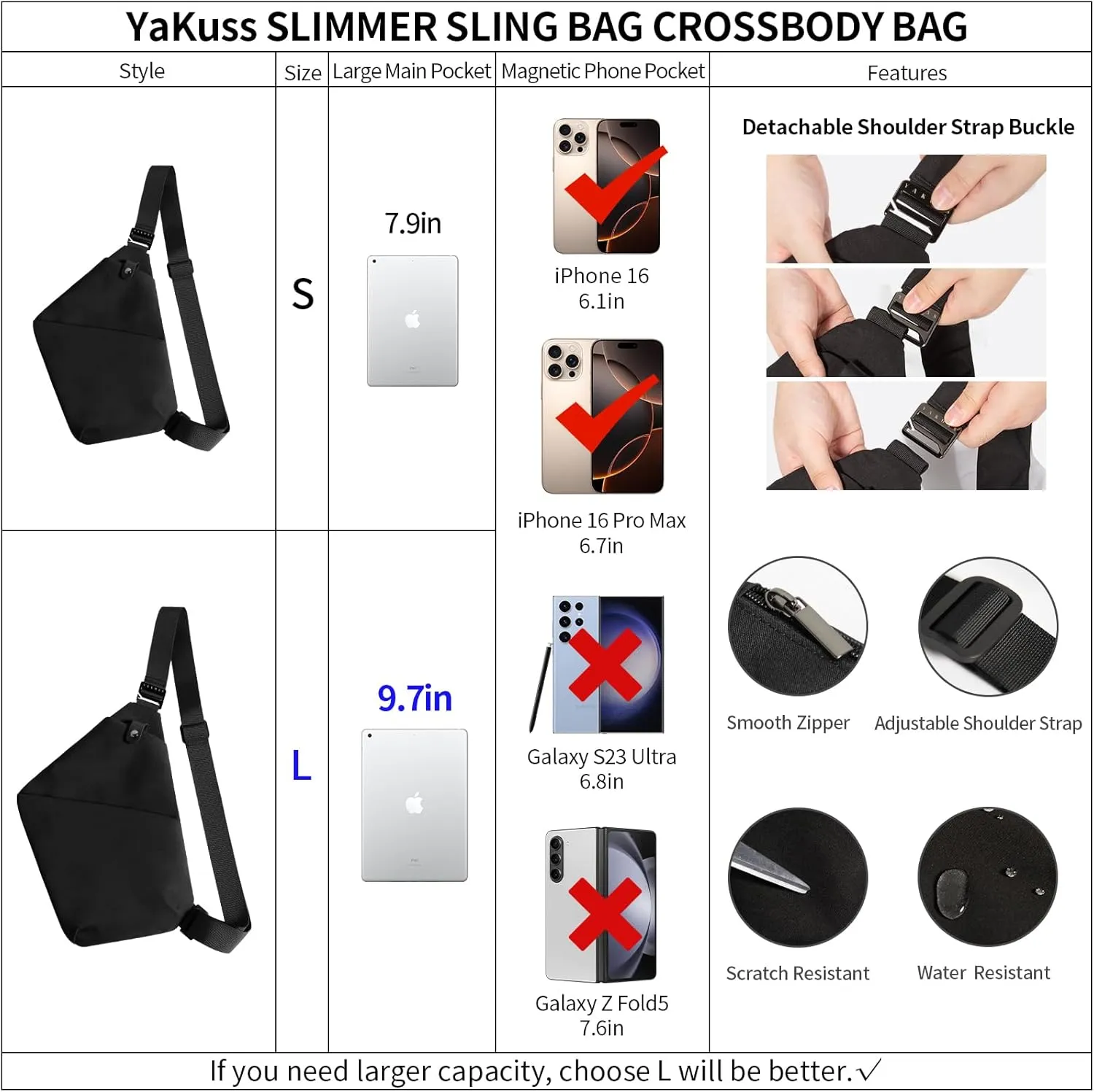 YaKuss Slim Sling Bag, Water Resistant Crossbody Bag Men Anti Theft Crossbody Bags for Women Trendy Shoulder Bag Travel