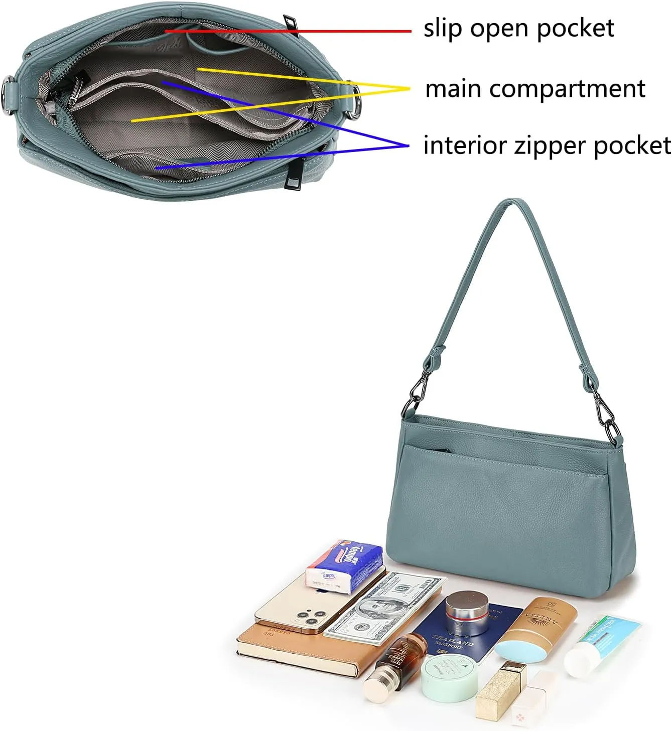 YALUXE Women's Real Leather Shoulder Bag Medium Size Handbag Purse with Multi Zip Pockets