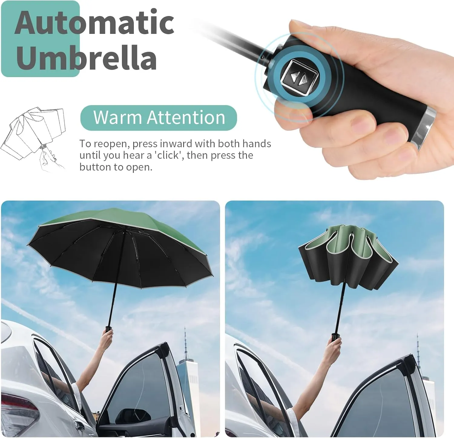 Yoobure Inverted Travel Umbrella, Automatic Umbrellas for Rain, Windproof Compact Folding with Reflective Stripe, Portable Large for Backpack, Lightweight with Sun UV Protection