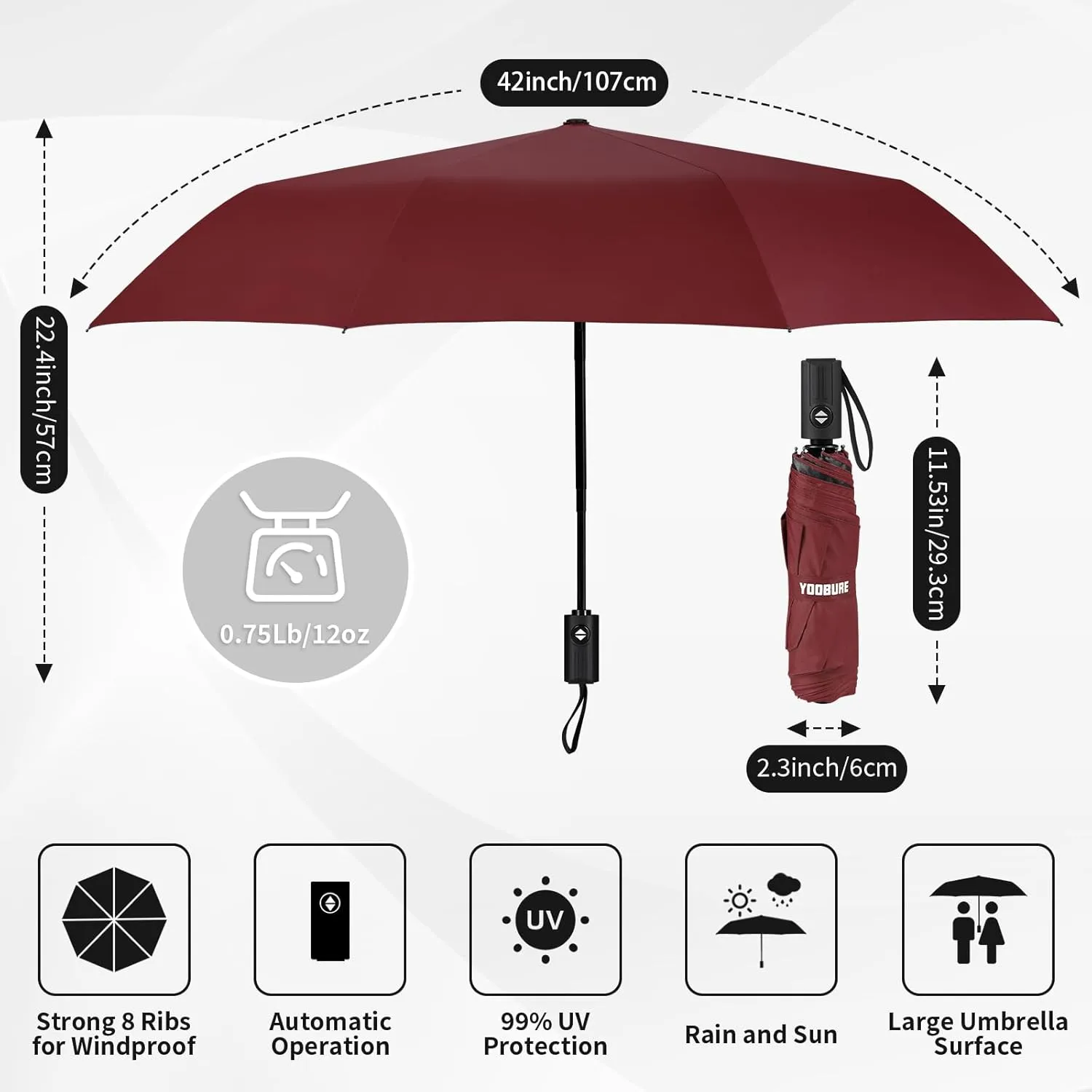 Yoobure Windproof Travel Umbrella, Automatic Umbrellas for Rain - Compact Folding Umbrella with UV Protection, Lightweight Portable Design for Backpack/Walking/Car, Sun & Storm Ready