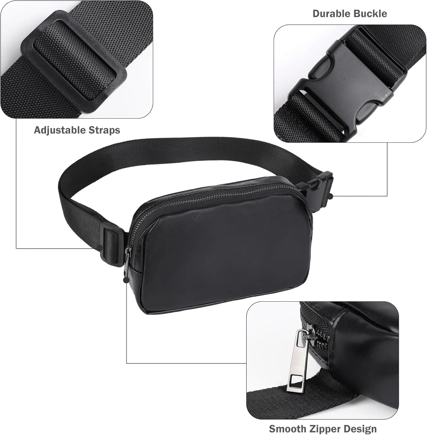ZPN Mini Fanny Pack Belt Bag for Women and Men, Fashionable Waterproof Waist Pack with Adjustable Strap for Traveling, Hiking, Jogging, Cycling (PU Black)