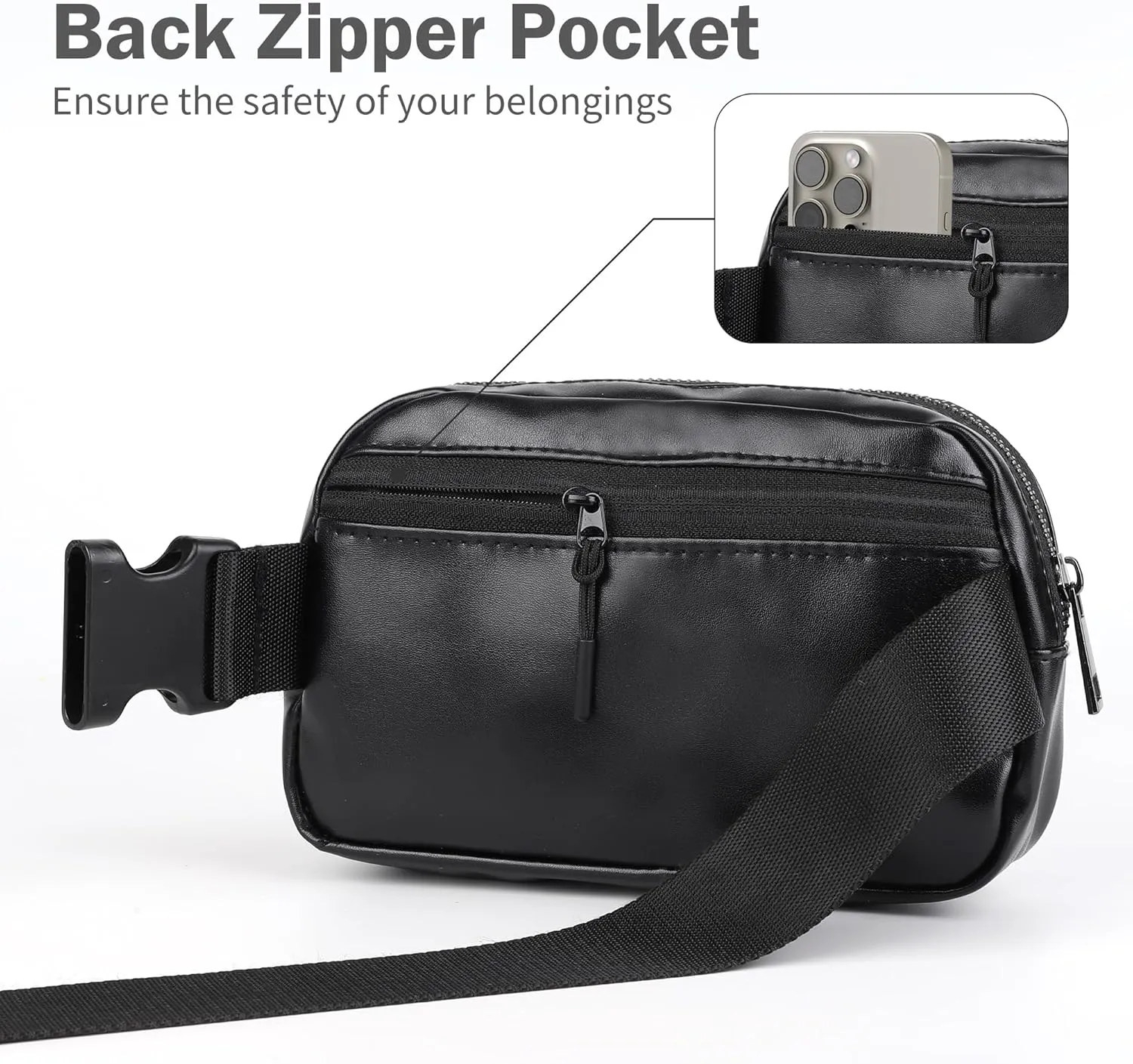 ZPN Mini Fanny Pack Belt Bag for Women and Men, Fashionable Waterproof Waist Pack with Adjustable Strap for Traveling, Hiking, Jogging, Cycling (PU Black)